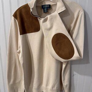 Ralph Lauren Men’s Quarter Zip Brown Suede Elbow Patches Cream Sweater Size XL